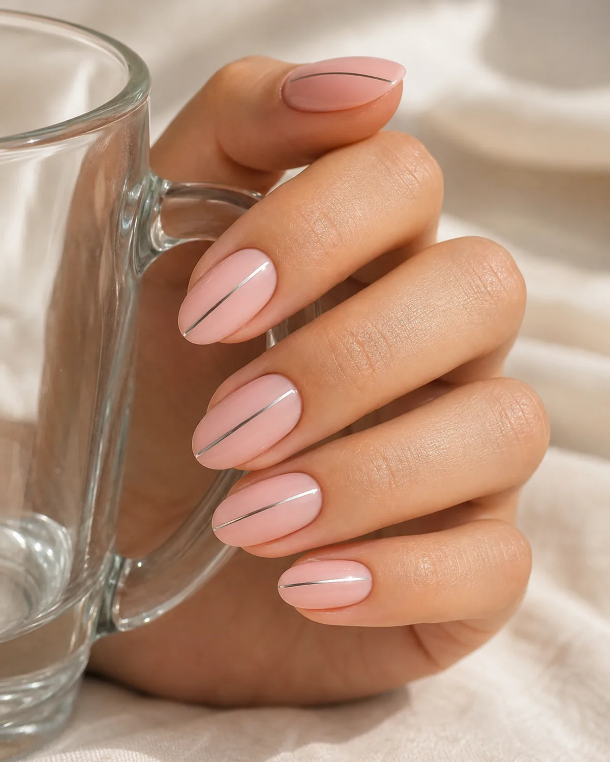 Close-up of medium oval nails with a single thin vertical chrome stripe running down the center of each soft pink bed with both side walls curving inward to a soft even U-shaped free edge, on light-medium skin with hand three-quarter view and fingers in a loose curl holding a glass mug