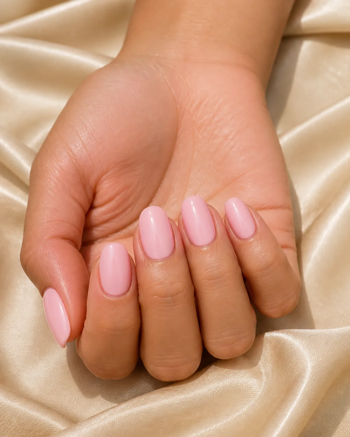 Close-up of medium oval nails in glossy soft pink polish covering the entire nail with both side walls curving inward to a soft even U-shaped free edge, on medium skin with hand cupped soft palm-up on champagne silk