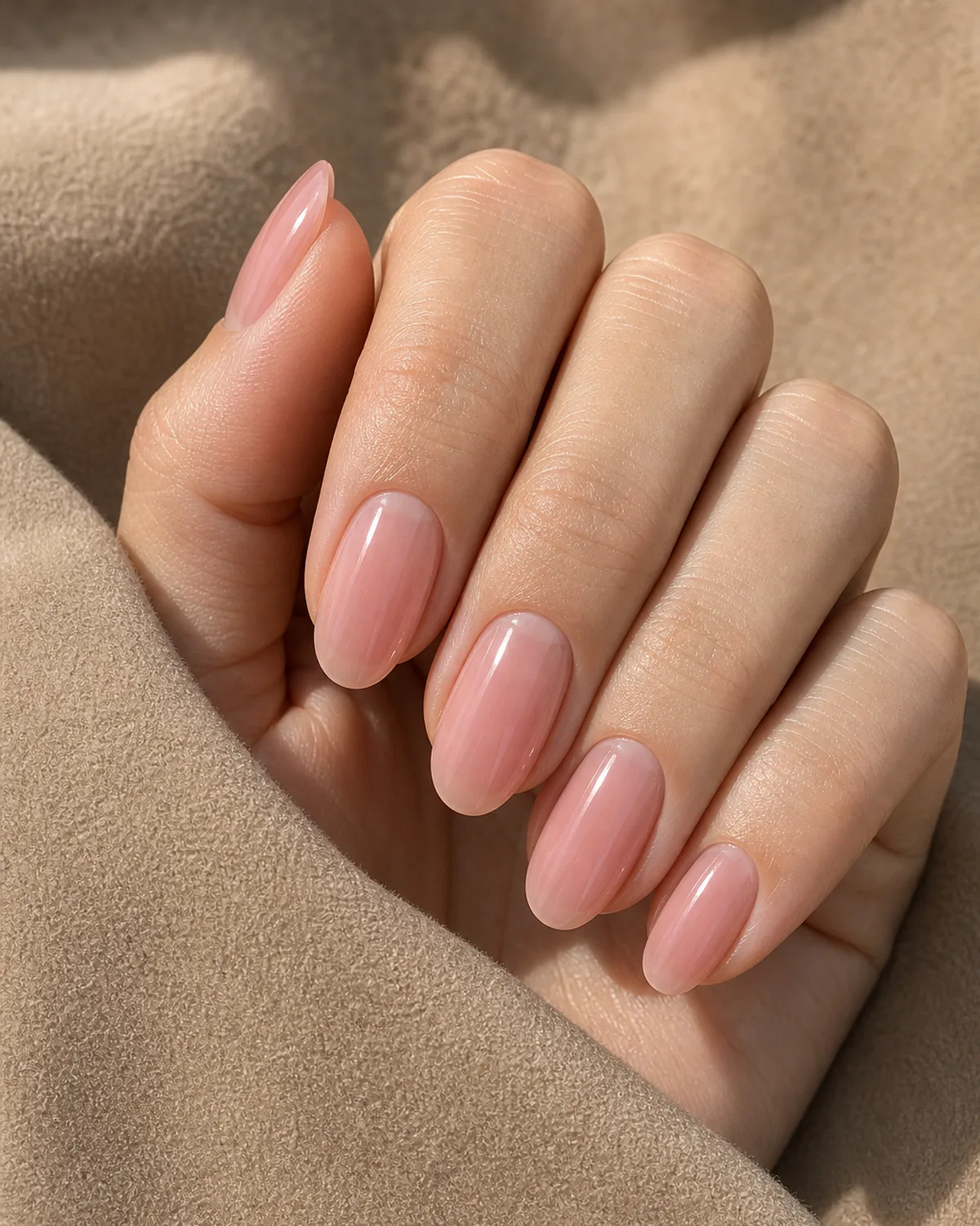 Close-up of medium oval nails in a sheer petal-pink wash polish covering the entire nail in a translucent veil with both side walls curving inward to a soft even U-shaped free edge, on light-medium skin with hand resting on a soft fist with fingers loose on warm beige suede