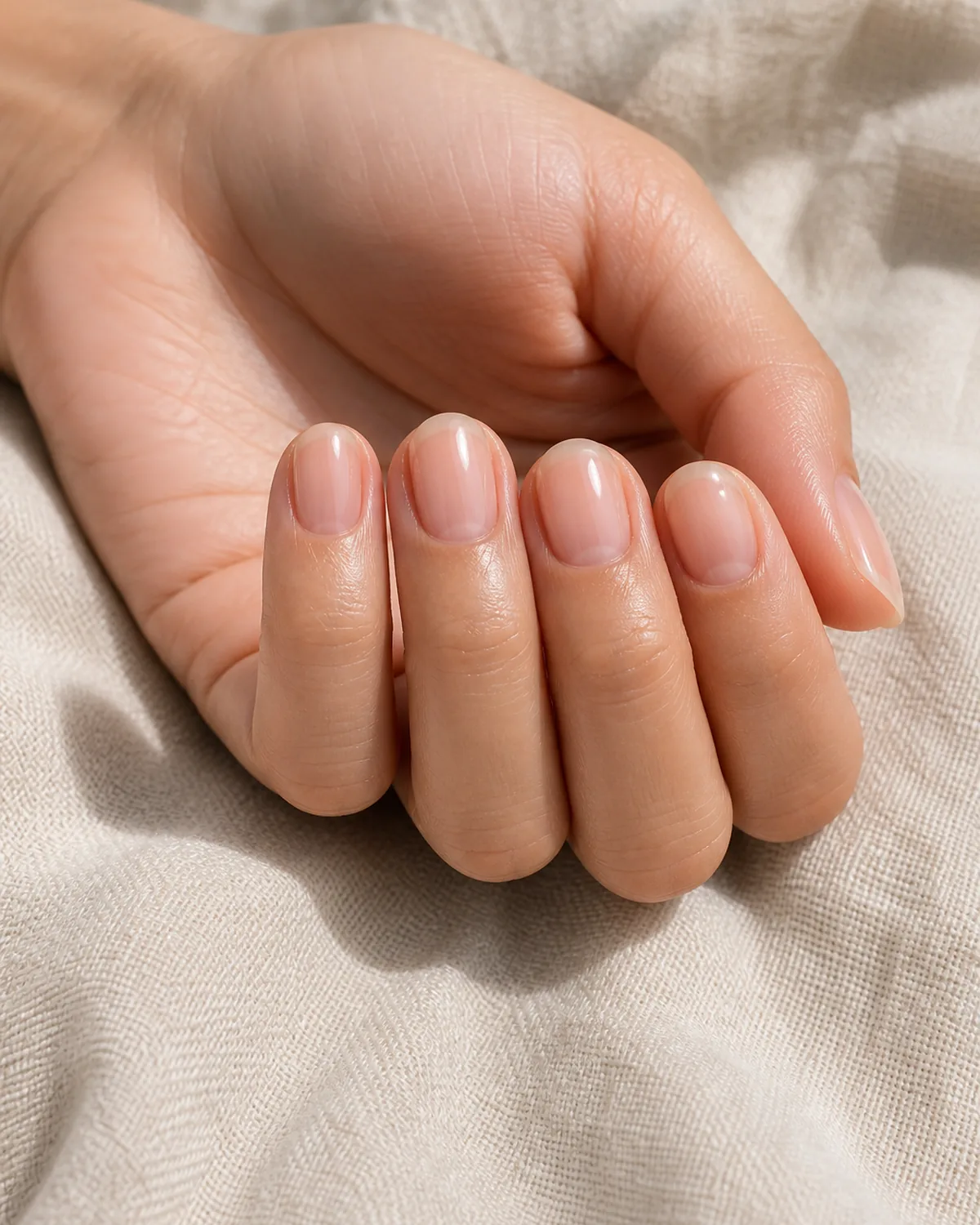 Close-up of short oval nails in clear natural polish covering the entire nail with both side walls curving inward to a soft even U-shaped free edge, on light-medium skin with fingertips curled gently downward on pale oat linen