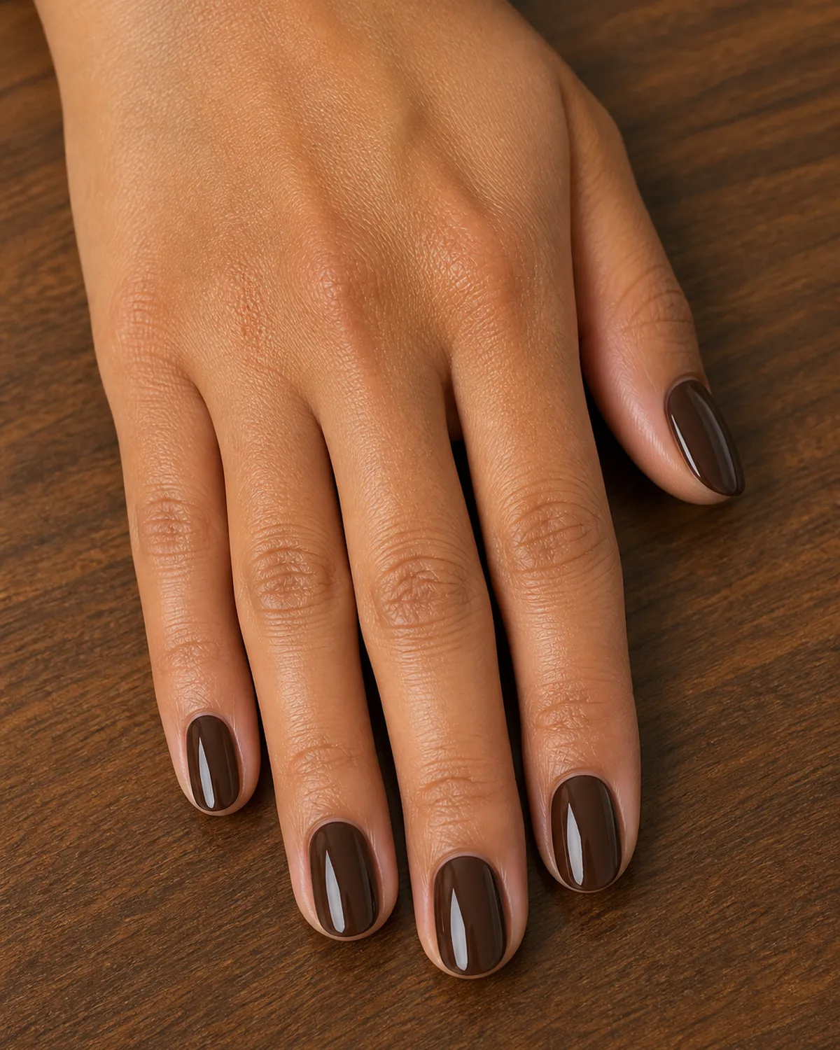 Close-up of short oval nails in a deep warm espresso brown wet-look polish covering the entire nail with both side walls curving inward to a soft even U-shaped free edge, on tan skin with fingers fully extended flat top-down on warm walnut wood