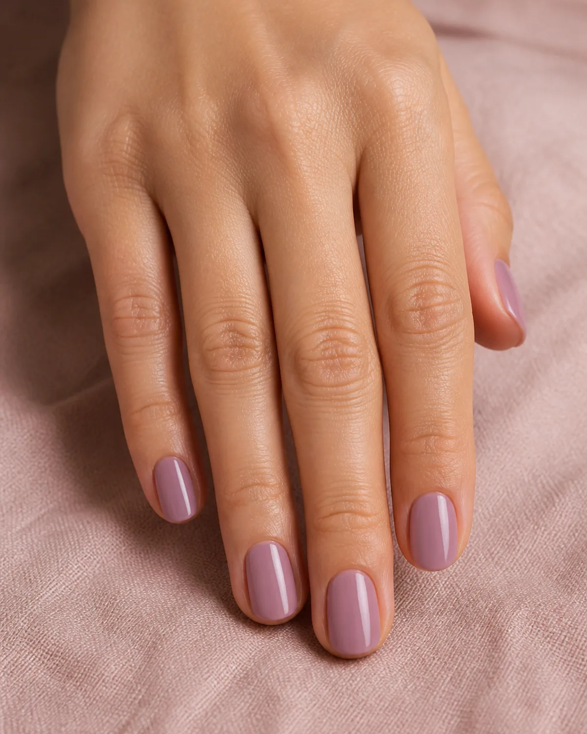 Close-up of short oval nails in a sheer mauve wash polish covering the entire nail in a translucent veil with both side walls curving inward to a soft even U-shaped free edge, on light-medium skin with hand on its edge knife-edge down on soft-pink linen