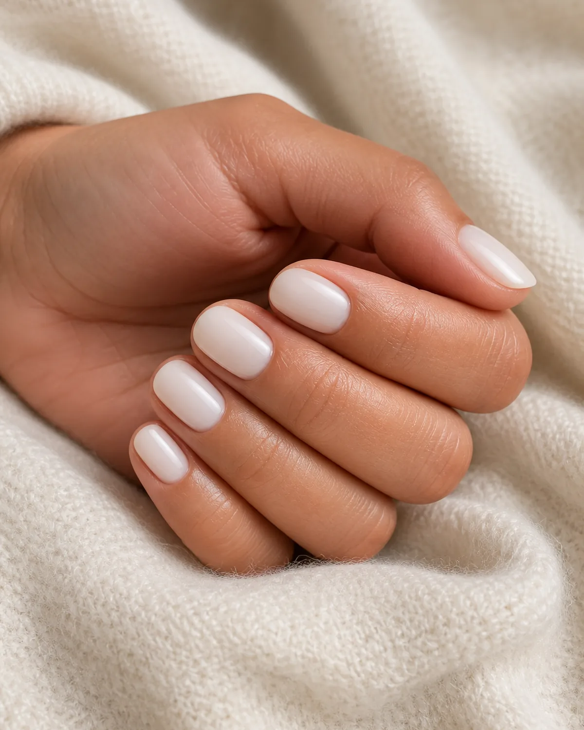 Close-up of short oval nails in soft milky white cream polish covering the entire nail with both side walls curving inward to a soft even U-shaped free edge, on medium skin with hand leaning on its side and fingers softly stacked on ivory cashmere