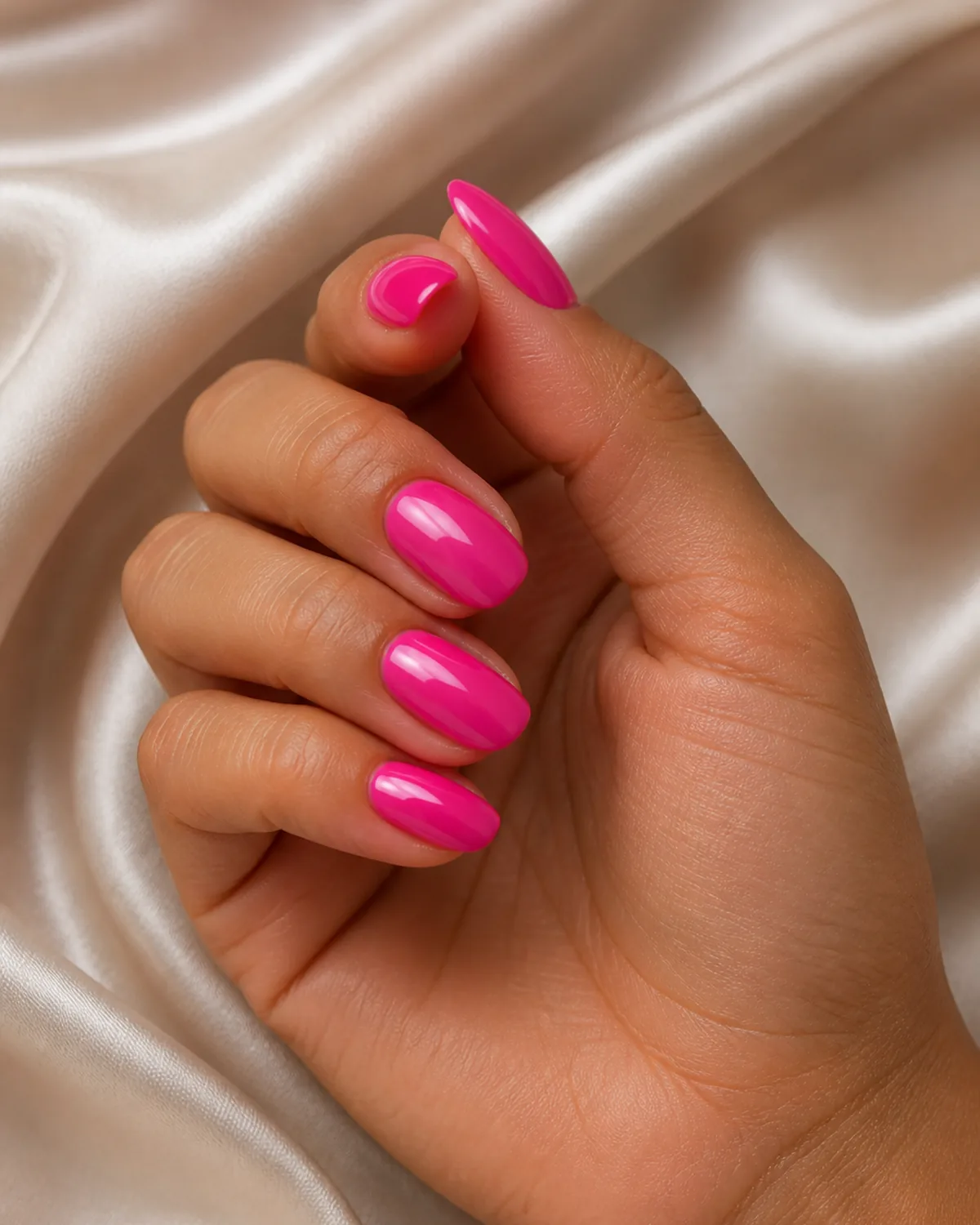 Close-up of medium oval nails in saturated barbie hot pink gloss covering the entire nail under a high-gloss top coat, on tan skin resting cupped palm-up on champagne silk