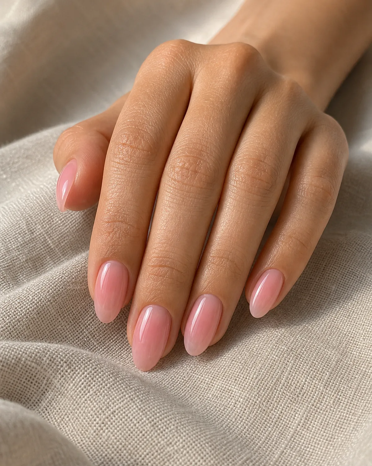 Close-up of medium almond nails in semi-sheer blush pink wash covering the entire nail surface with the bed glowing through under a clearly pink tint, on light-medium skin resting on pale oat linen