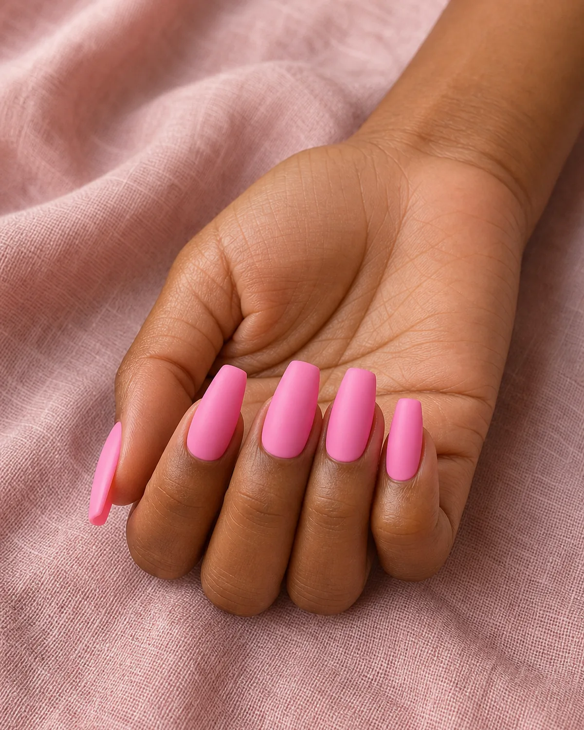 Close-up of medium coffin nails in bright bubblegum pink cream covering the entire nail surface in an even mid-saturation finish, on medium-deep skin resting on soft-pink linen