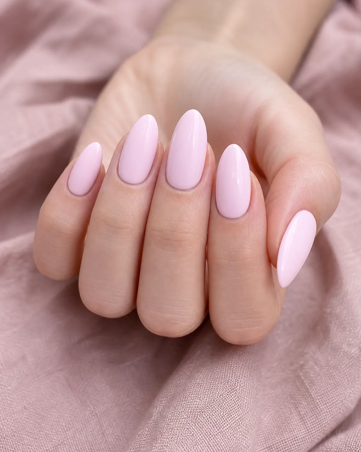 Close-up of long almond nails in cool ballet pink cream lacquer with a faint blue undertone covering the entire nail surface in a clean quiet finish, on fair skin resting flat fingers fanned on cream linen