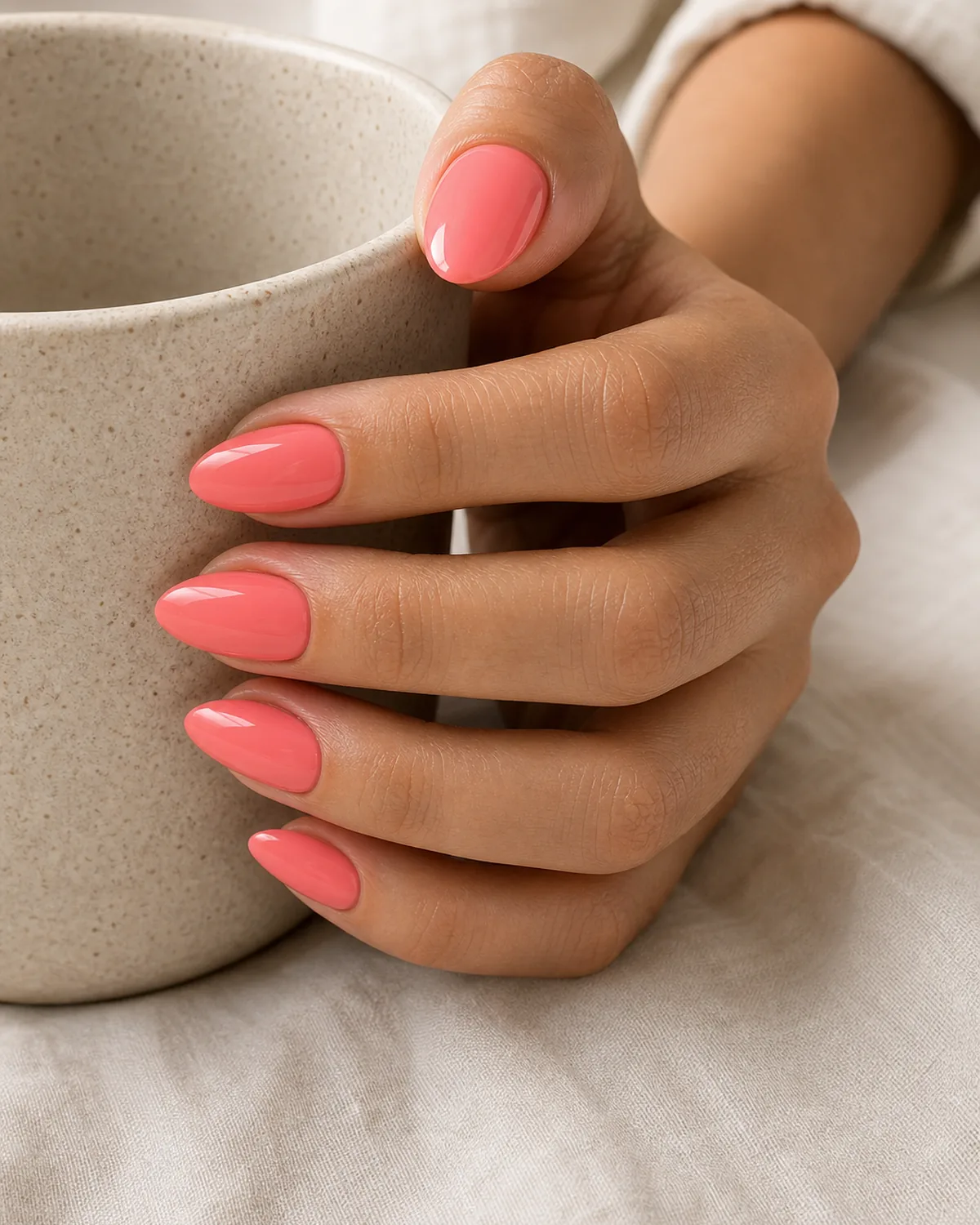 Close-up of medium almond nails in warm coral-pink glossy lacquer covering the entire nail surface with a clearly pink read, on medium skin holding the edge of a stoneware mug