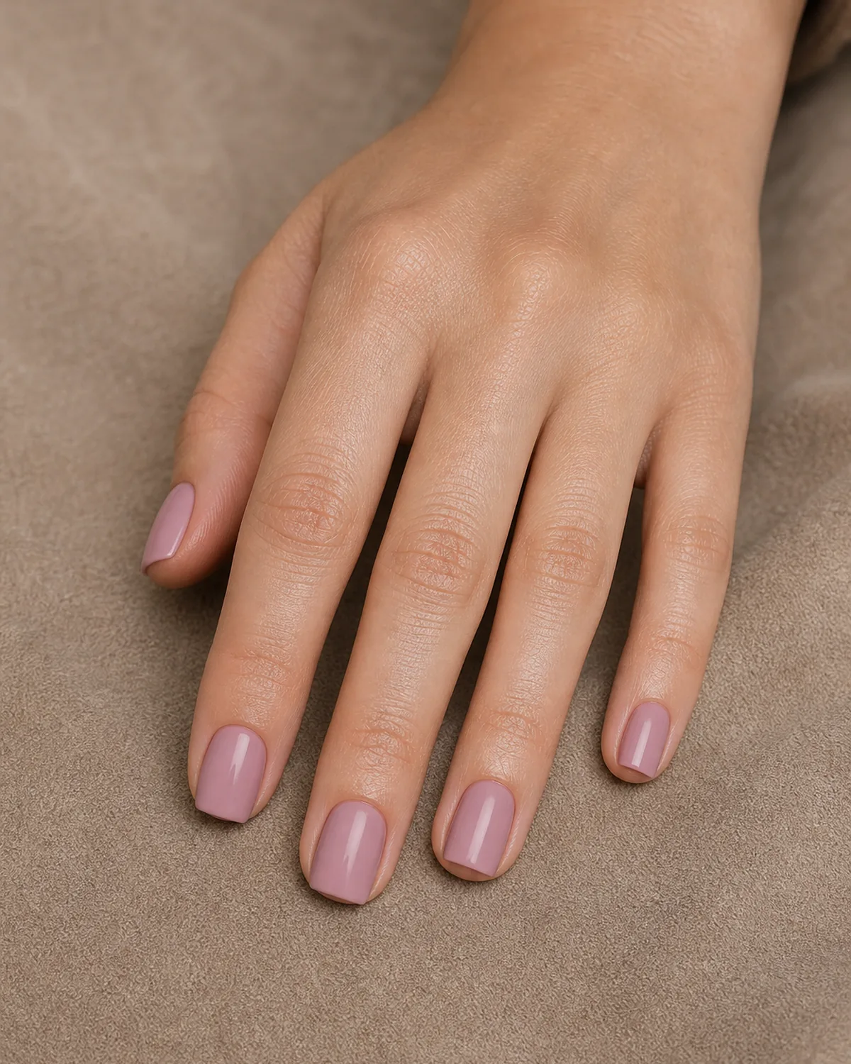 Close-up of short square nails in cool dusty rose cream lacquer covering the entire nail surface in a soft muted finish, on light-medium skin resting on warm beige suede