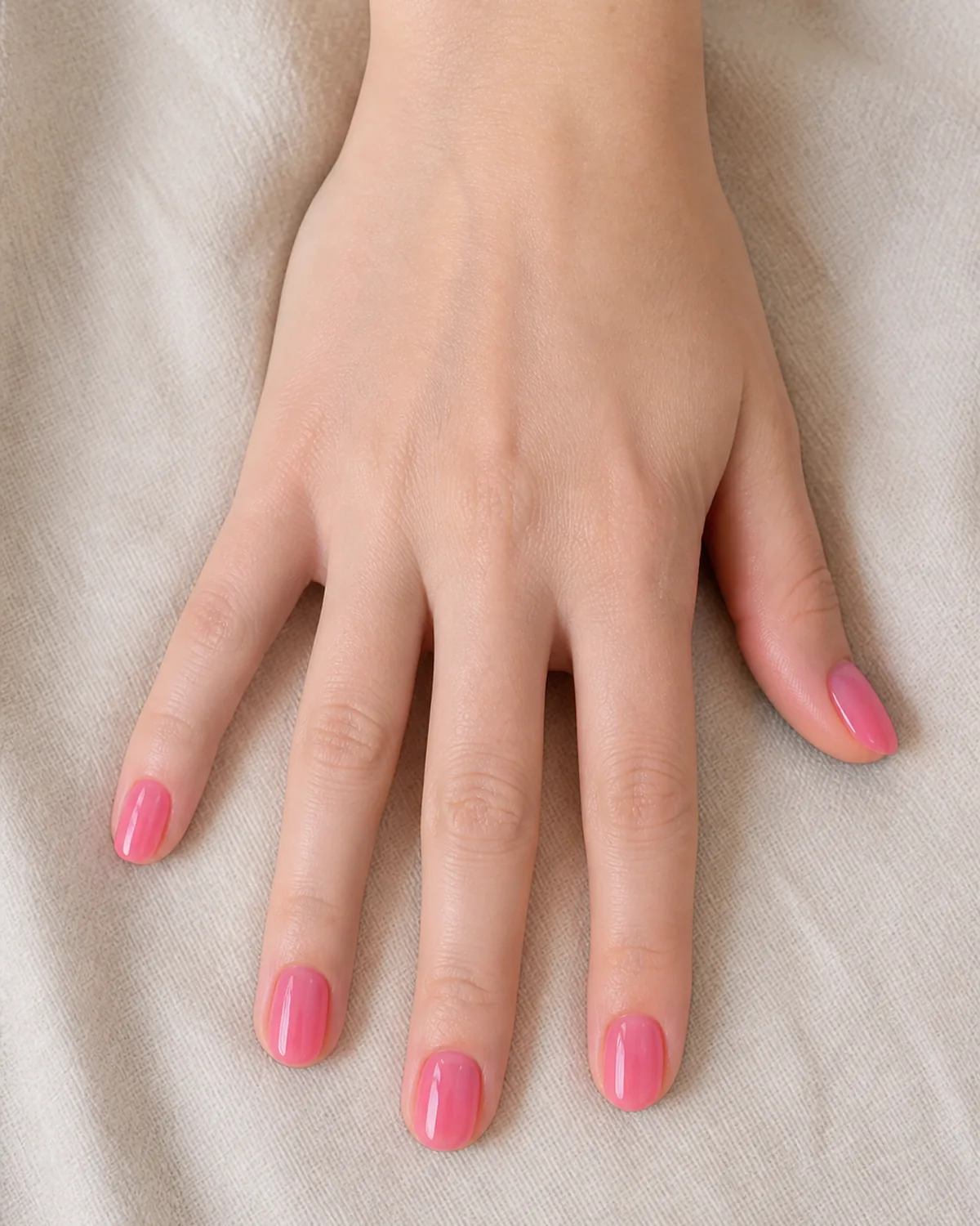 Close-up of short almond nails in translucent jelly pink with a glassy candy-like finish covering the entire nail, the bed showing through under a clearly pink cast, on fair skin against pale sand fabric