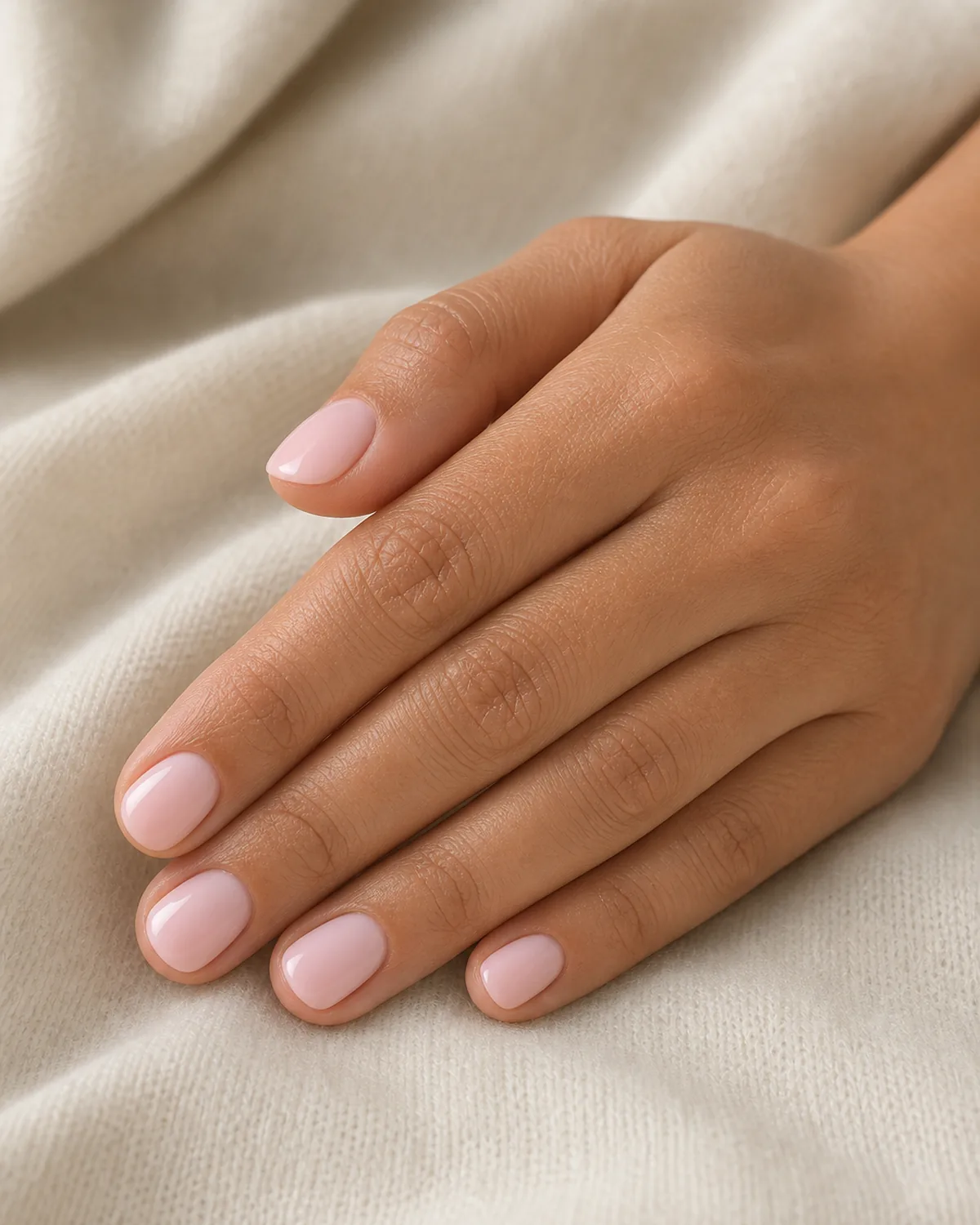 Close-up of short round nails in milky pink cream covering the entire nail surface in a soft opaque pink-tinted milk finish, on medium skin resting on ivory cashmere