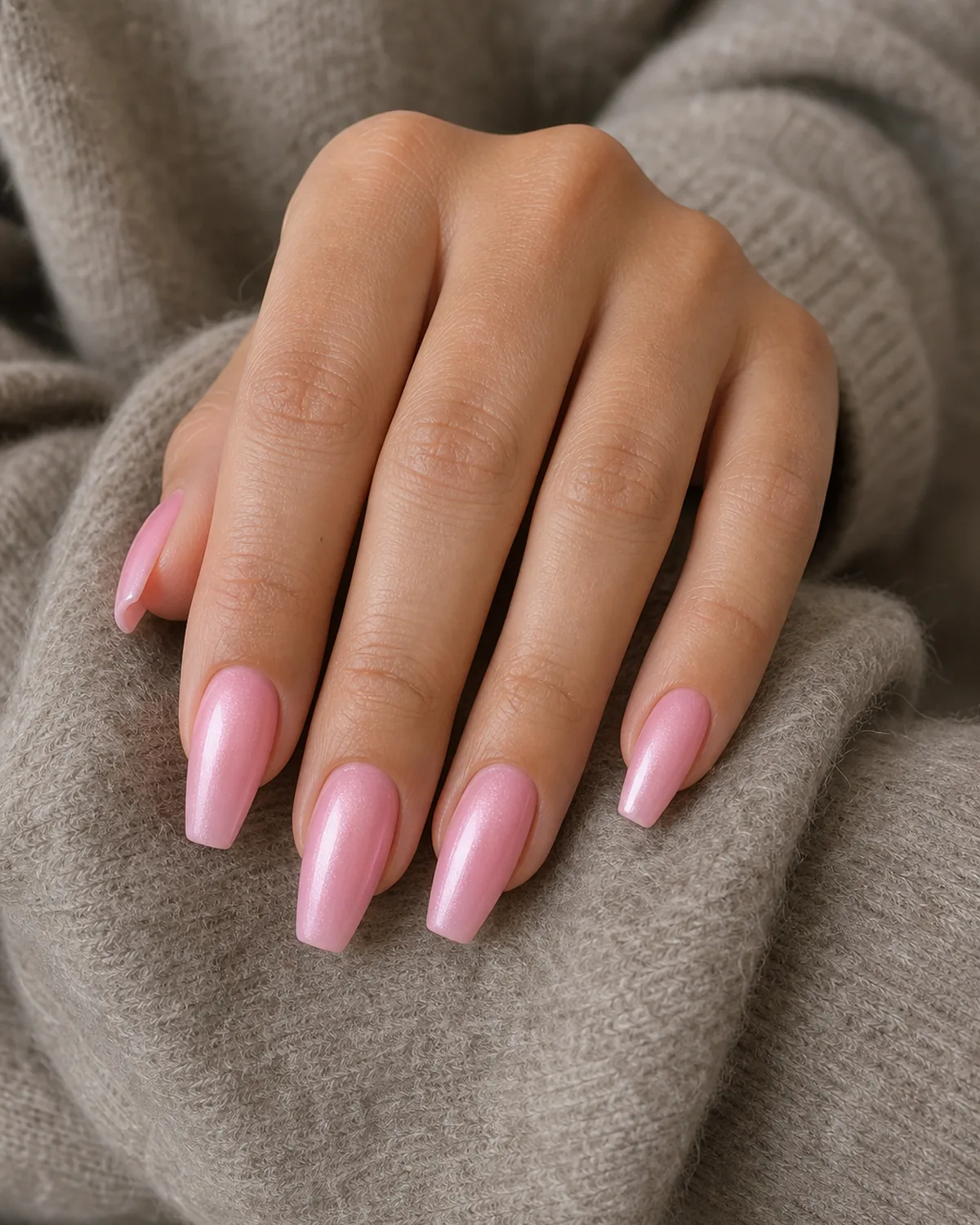Close-up of medium coffin nails in soft pink with a fine pearly shimmer pearlescent finish covering the entire nail surface, on medium skin against soft taupe wool