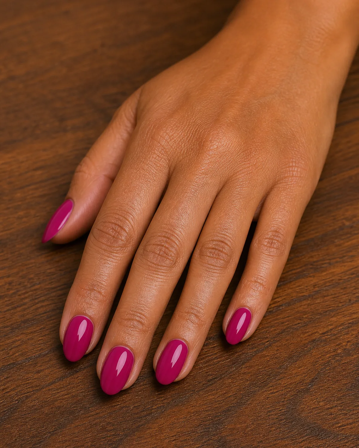 Close-up of medium oval nails in deep raspberry pink glossy lacquer covering the entire nail surface in a rich berry-toned pink, on tan skin resting on warm walnut wood