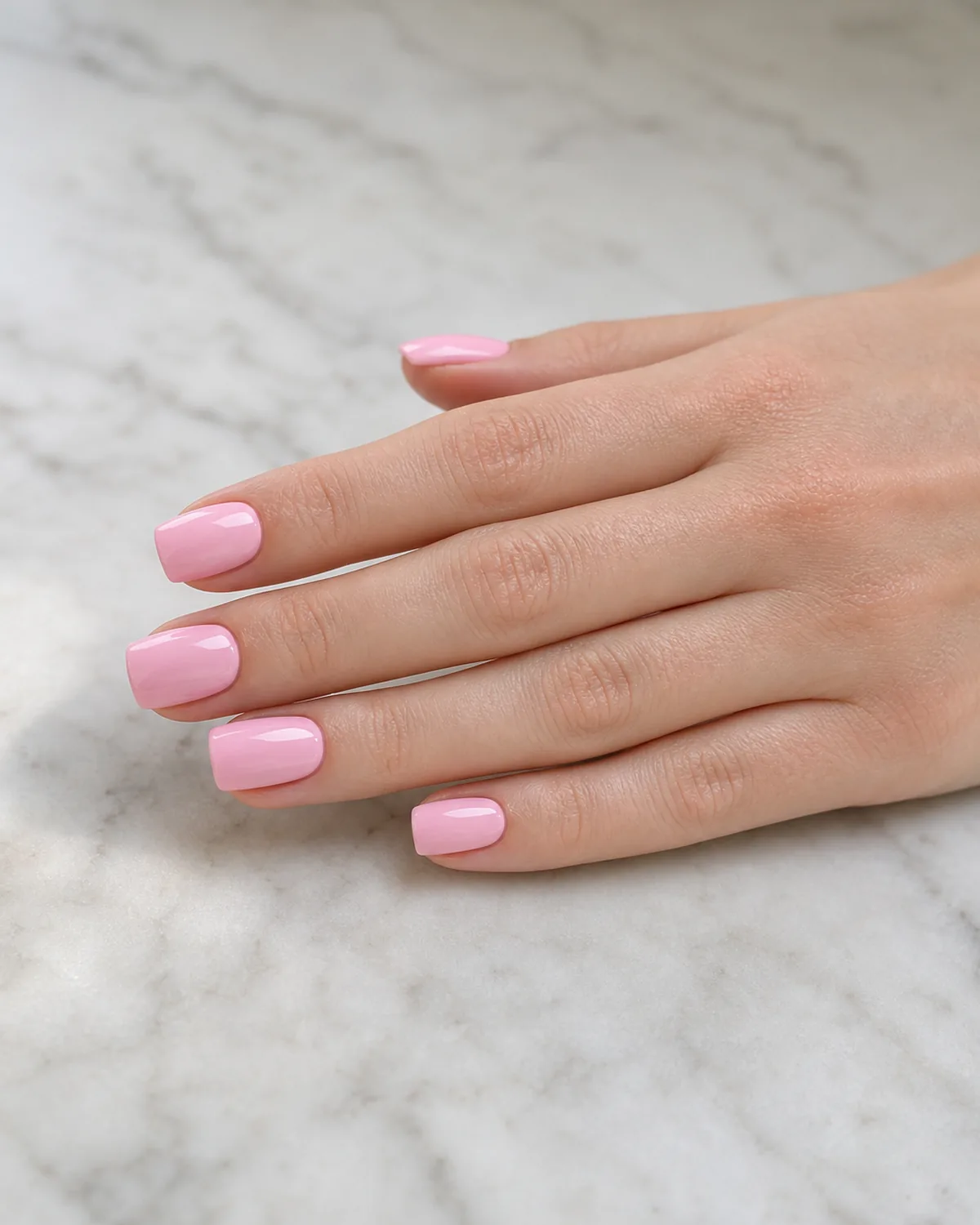 Close-up of medium squoval nails in soft baby pink gloss covering the entire nail under a glassy clear top coat, on light skin on pale marble