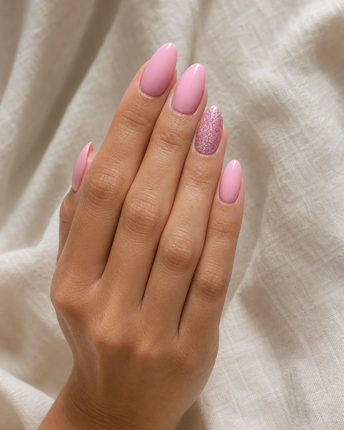 Close-up of medium almond nails with four nails in soft pink cream and one accent nail in a dense fine pink glitter over the same pink base, on light-medium skin with fingertips pointing toward camera on pale marble