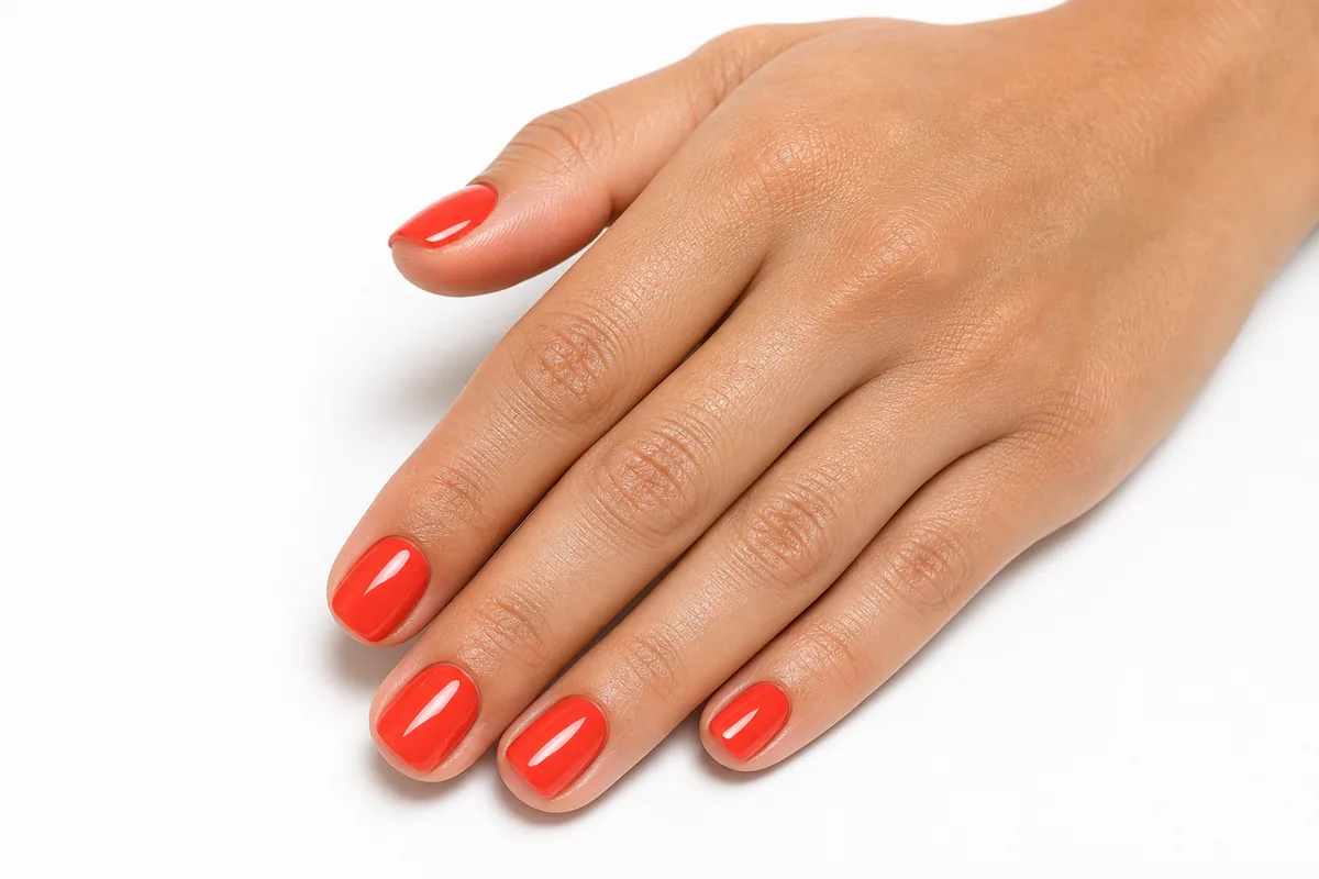 Close-up of short squoval nails in a bright glossy coral red on medium skin against a white background