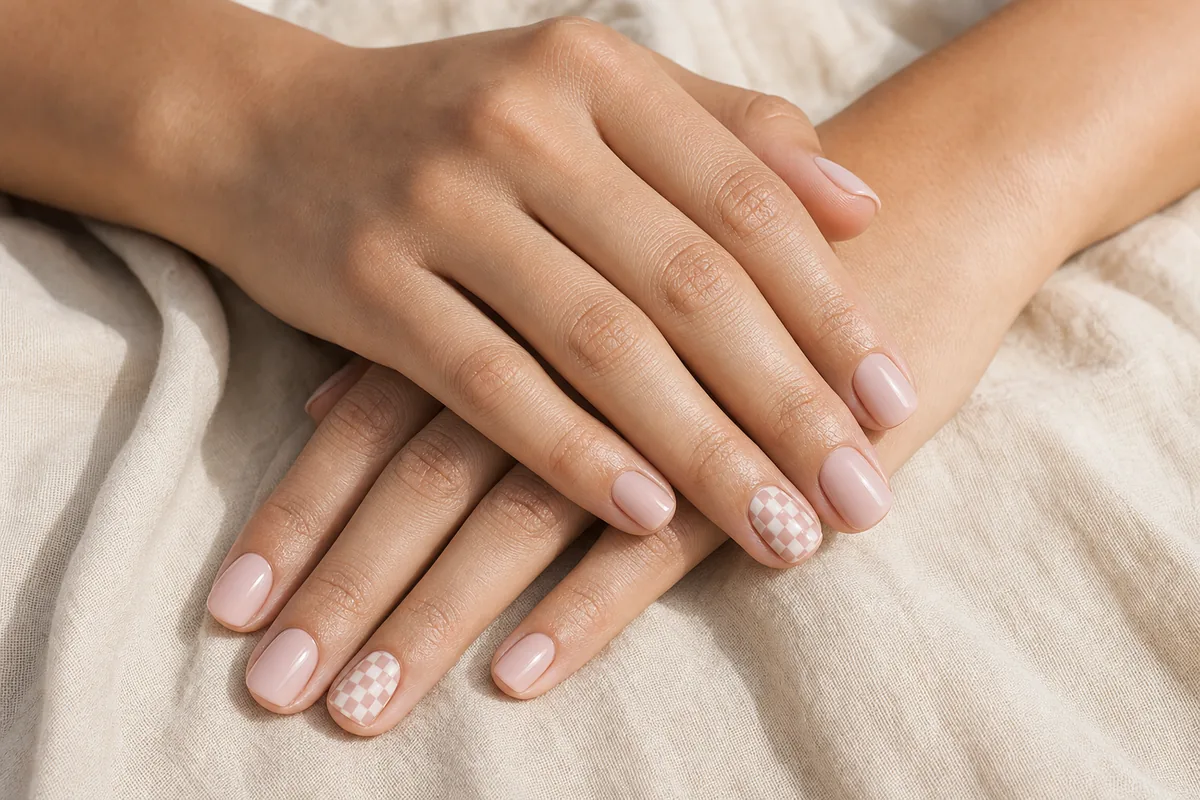 Close-up of short squoval nails with a small two-color checkerboard on one accent nail, the rest solid, on light-medium skin on cream fabric