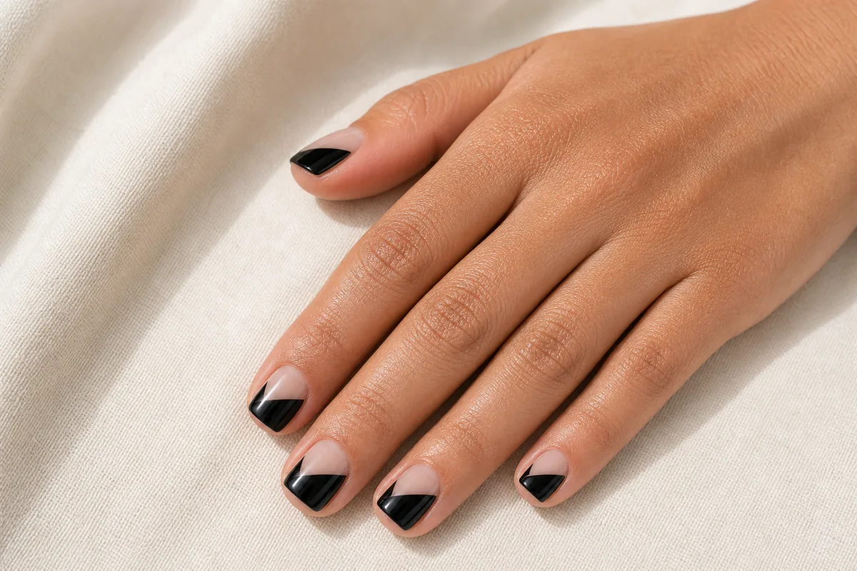 Close-up of short square nails color-blocked half nude and half black in a clean diagonal, on tan skin on cream fabric