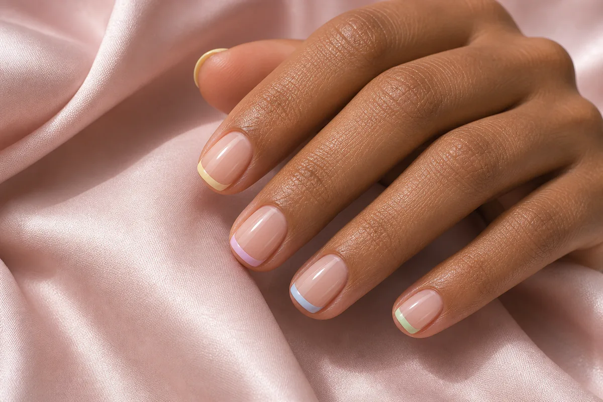 Close-up of short squoval nails with thin pastel colored French tips over a sheer base, on tan skin resting on soft-pink silk