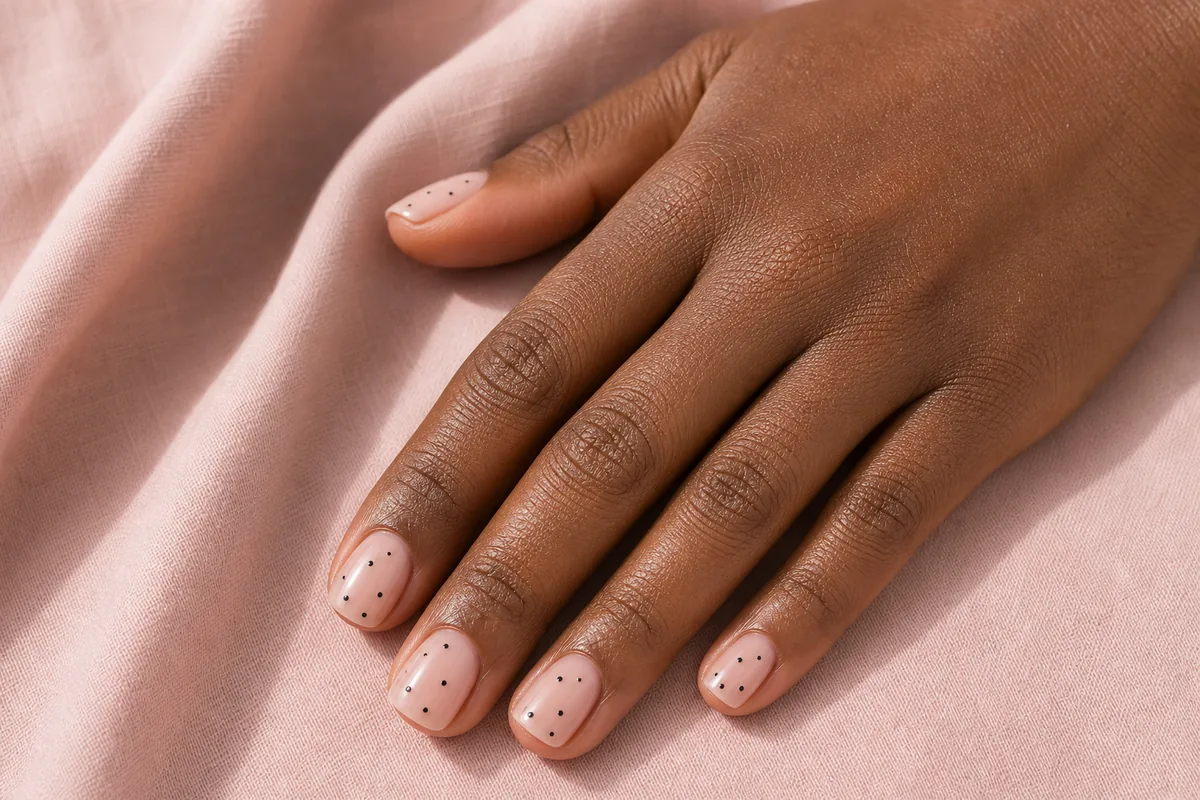 Close-up of short squoval nails in a sheer base with a few scattered tiny black dots, on deep skin on soft-pink fabric