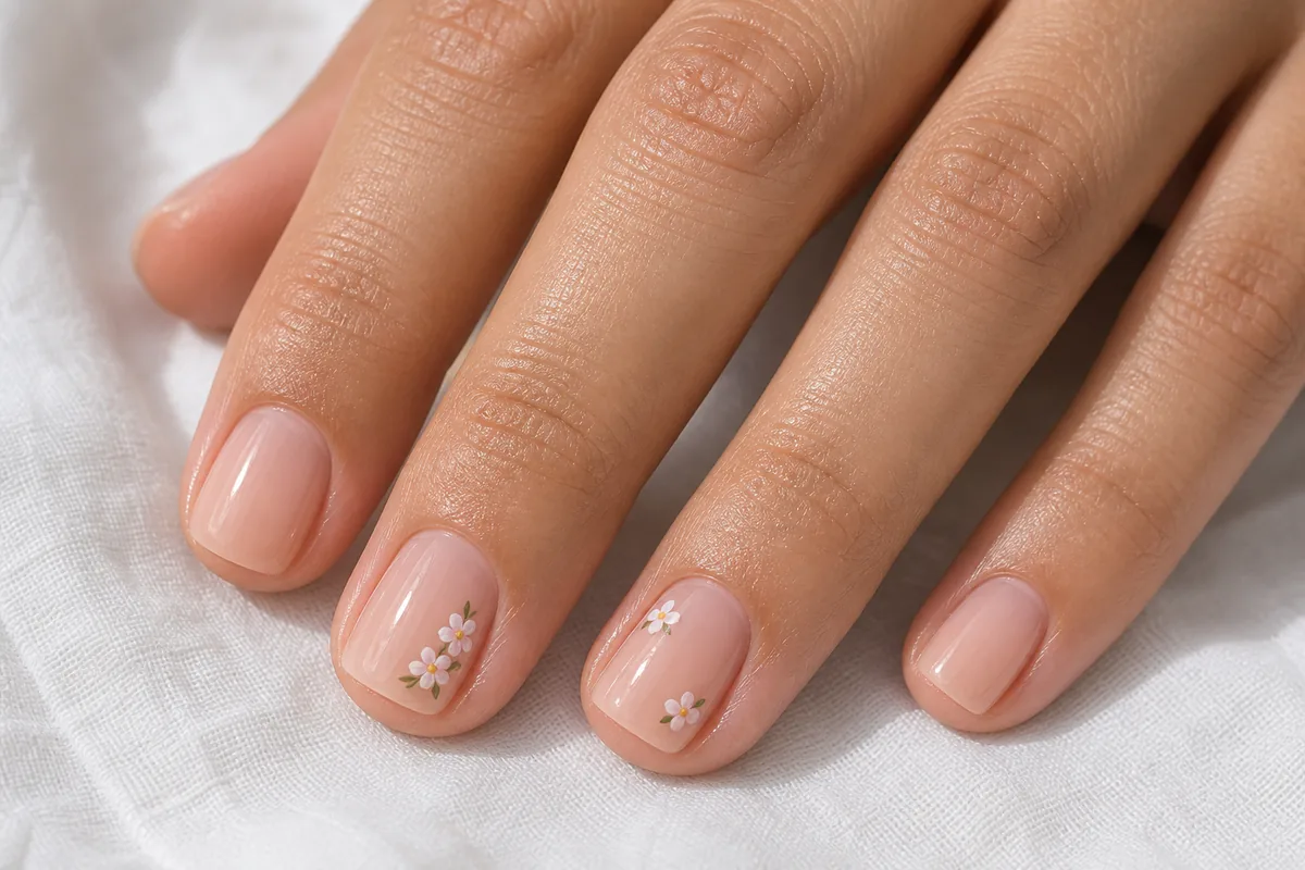 Close-up of short squoval nails in a sheer base with tiny hand-painted ditsy flowers on two accent nails, on light-medium skin on white fabric