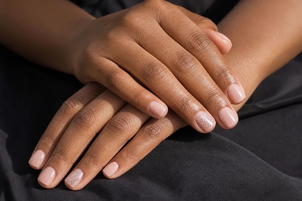 Close-up of short square nails mostly plain nude with one fine sugar-glitter accent nail catching the light, on medium-deep skin on dark fabric
