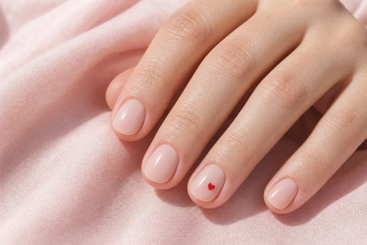 Macro of short round nails in a nude base with one tiny red heart on a single accent nail, on fair skin on soft-pink fabric