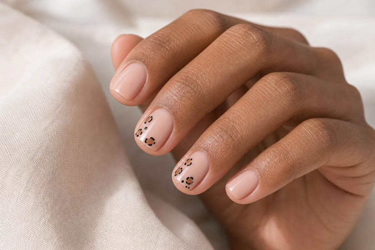 Close-up of short squoval nails with a few mini leopard-print spots on two accent nails over a soft nude base, on medium-deep skin