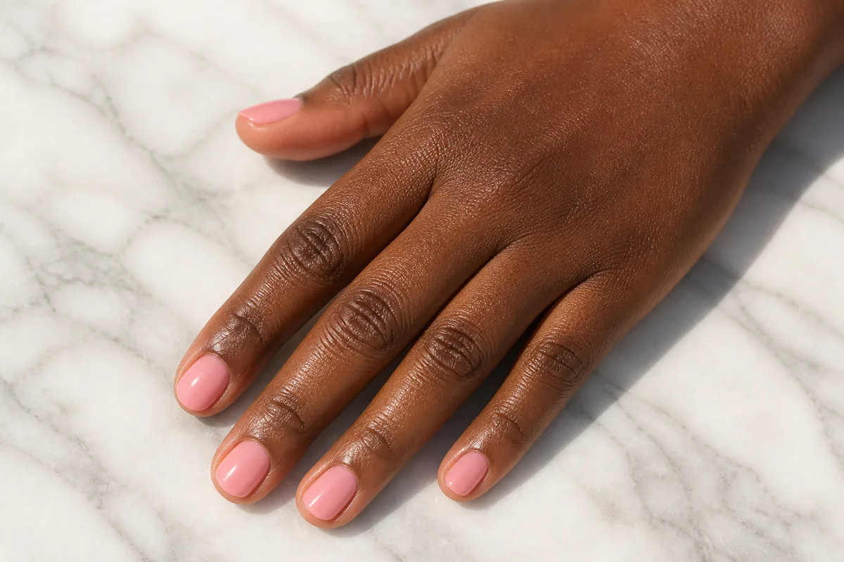 Top-down close-up of short round nails in a glossy soft pink on deep skin against pale marble