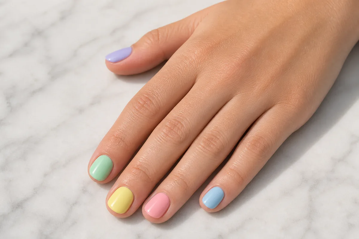 Close-up of short round nails each painted a different soft pastel color in a skittle mani, on light-medium skin resting on pale marble