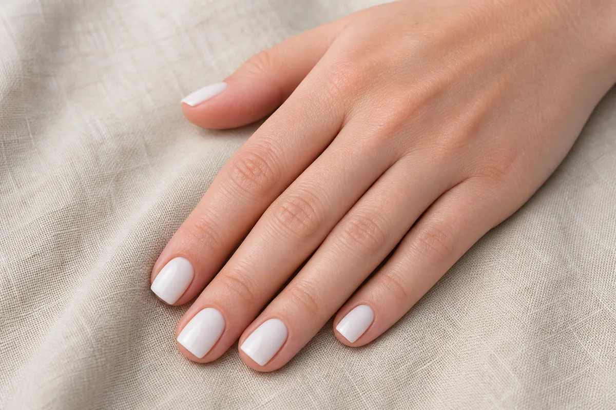 Close-up of short square nails in a clean milky white on fair skin resting on oat linen