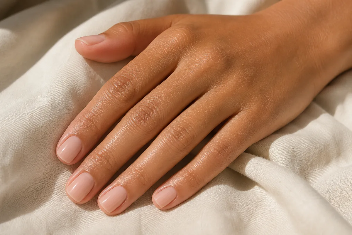 Close-up of short squoval nails in a sheer nude on tan skin, the hand resting on cream fabric