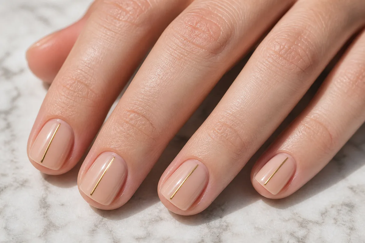 Macro of short squoval nails in a nude base with a single thin gold vertical line down the center of each, on fair skin against pale marble
