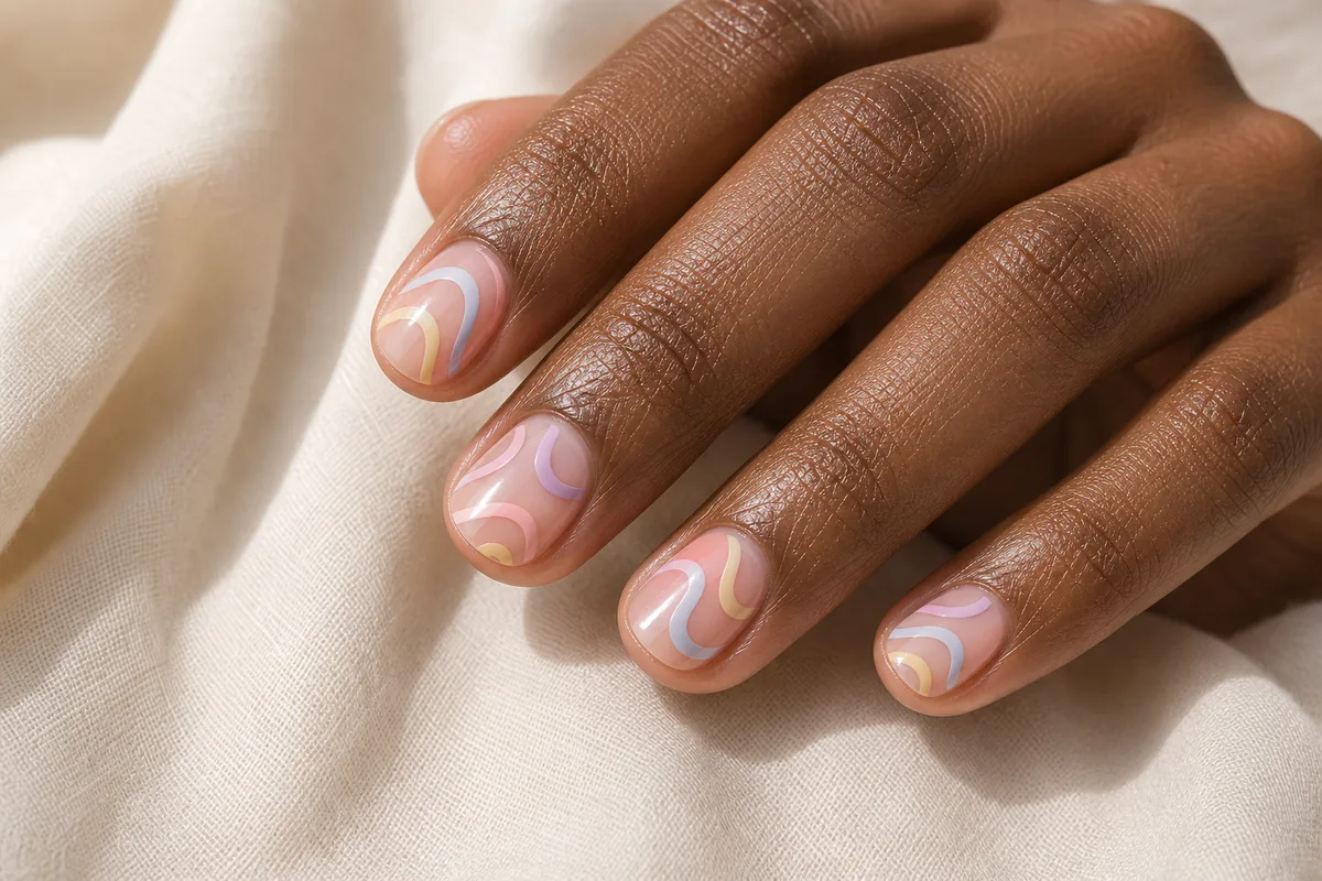 Close-up of short round nails with soft pastel groovy swirls over a sheer base, on deep skin on cream fabric