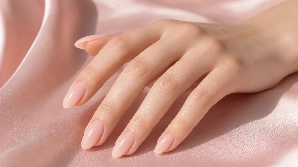 Elegant side-profile close-up of almond nails in a sheer ballet blush pink, fair skin, resting on soft-pink silk