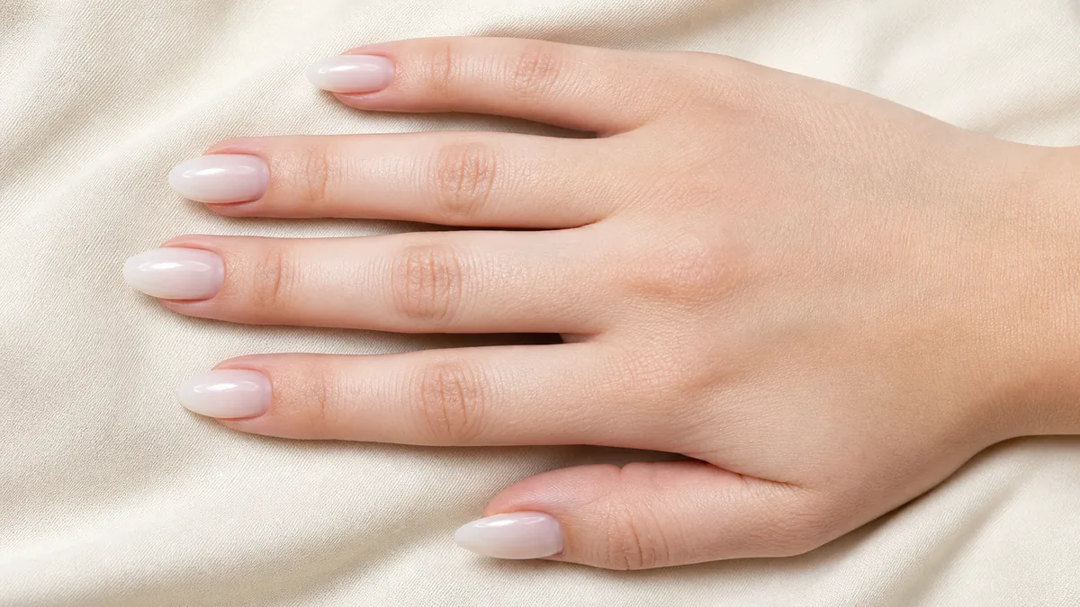 Top-down close-up of almond nails in a sheer, glassy milky white on a hand resting on cream fabric