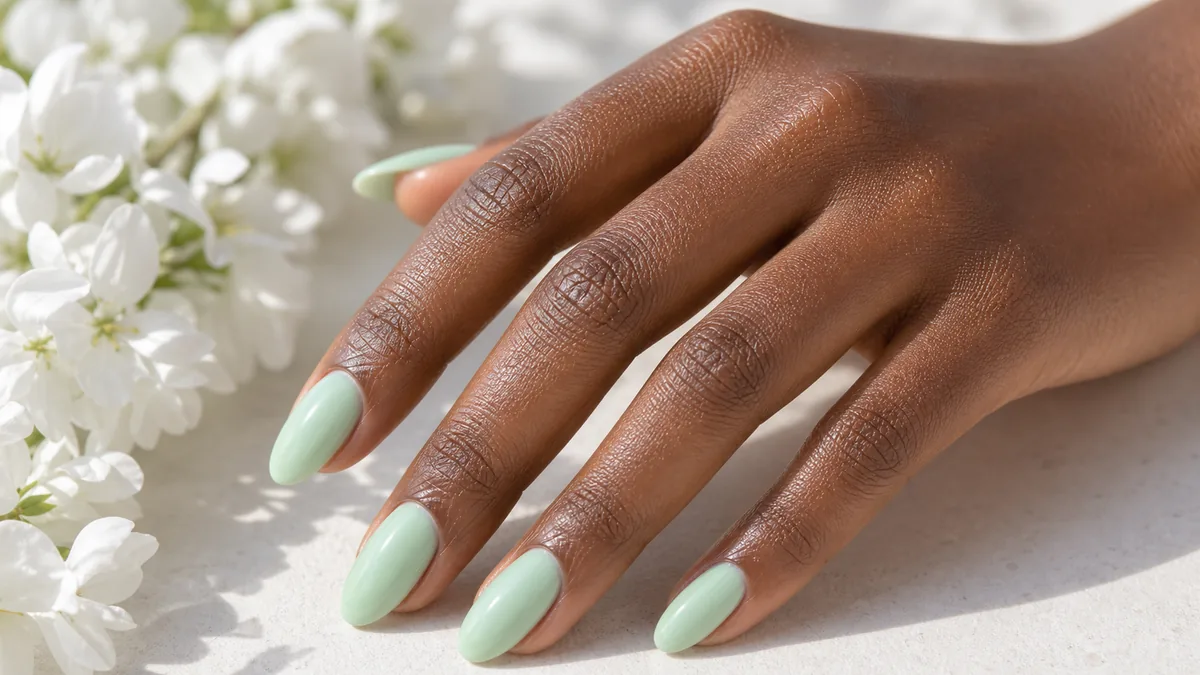 Close-up of almond nails in a soft mint green on deep skin, the hand resting near a few blurred white spring flowers