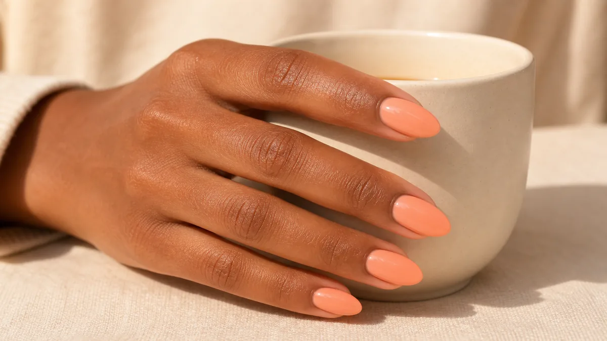 Warm close-up of almond nails in a soft peach coral, the hand loosely wrapped around a plain cream ceramic cup, on medium-deep skin