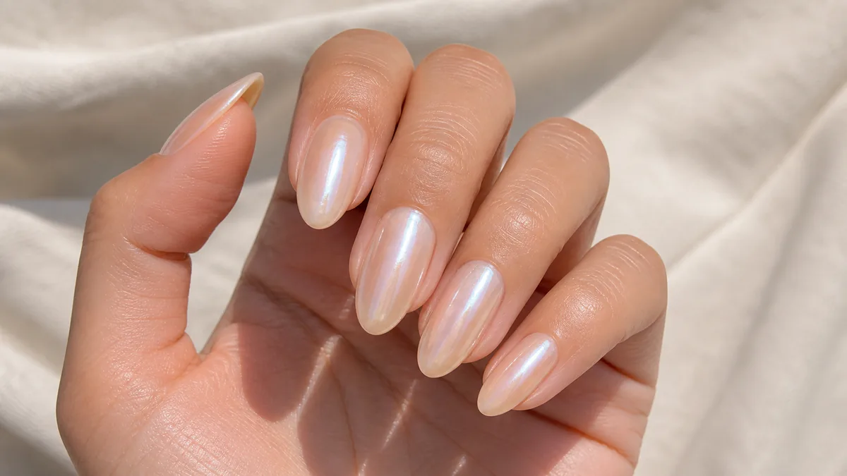 Glossy macro of almond nails with a pearl, glazed finish, a sheer nude base under a soft iridescent shimmer catching the light, on light-medium skin