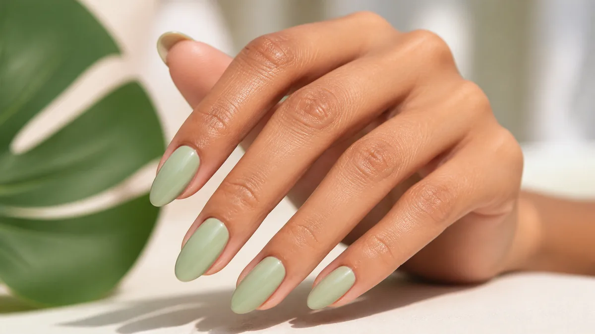 Three-quarter-angle close-up of almond nails in a soft, dusty sage green beside a single out-of-focus green leaf, on tan skin