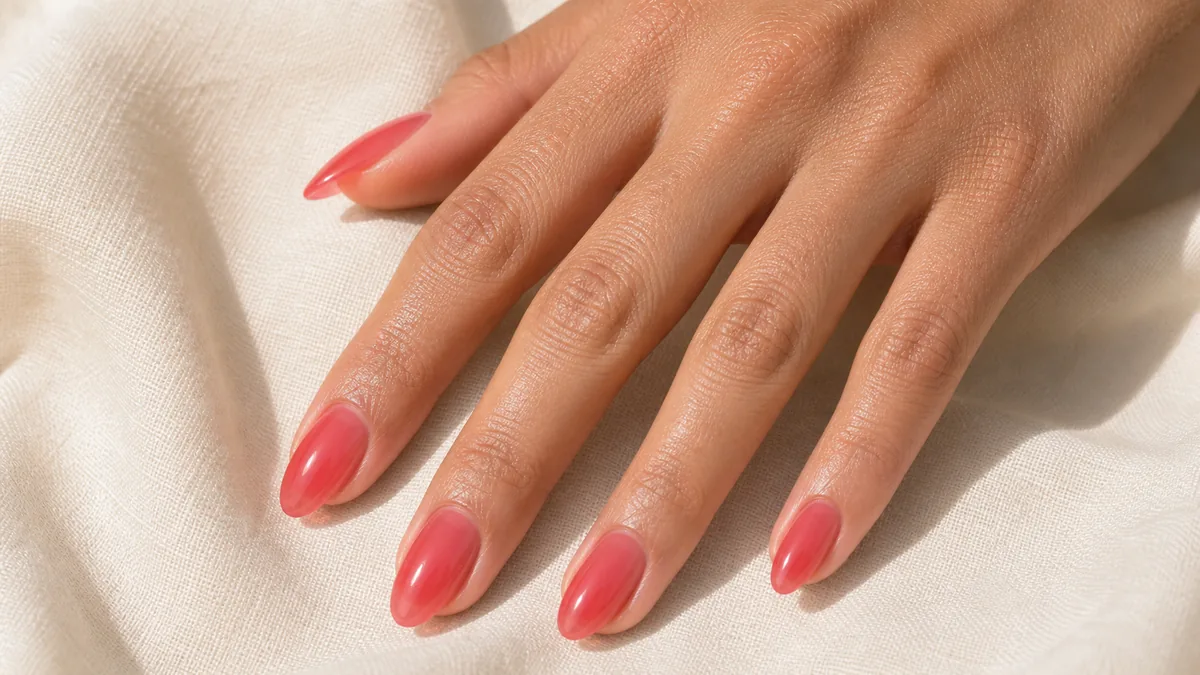 Bright macro of almond nails in a sheer, translucent strawberry-jelly red-pink with a glassy finish, fingers gently spread on cream fabric, on tan skin