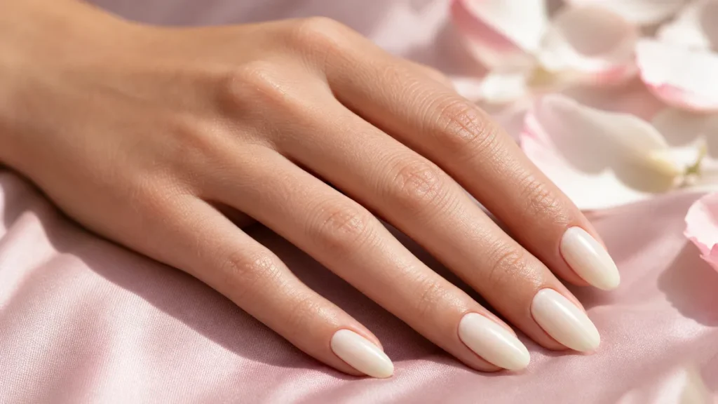 Almond nails in a soft milky spring shade