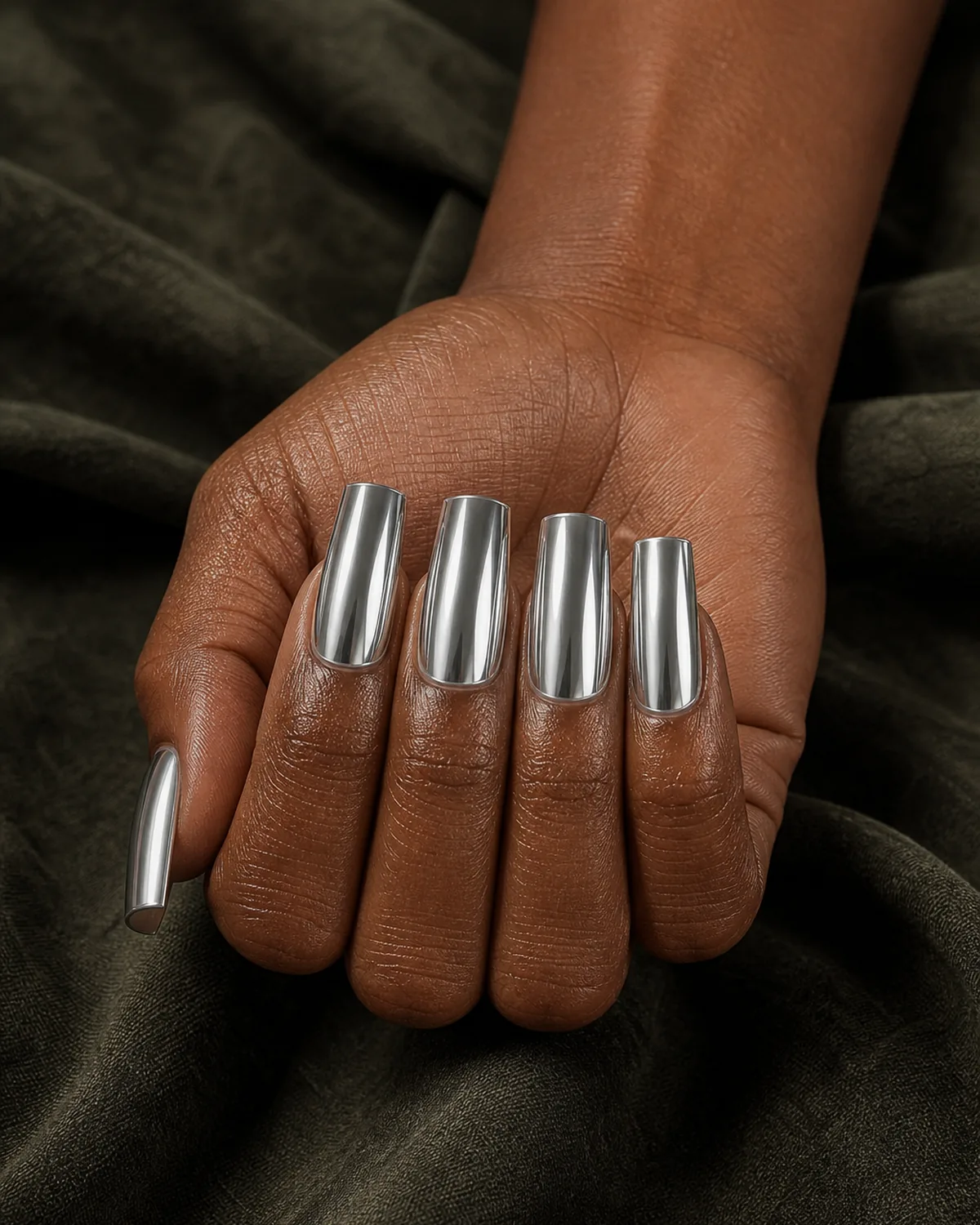 Close-up of long square nails in chrome silver mirror finish covering the entire nail with both side walls perfectly straight and parallel, free edge flat horizontal and tip corners sharp at 90 degrees, on deep skin with fist knuckles up and fingers curled tight on dark mossy linen