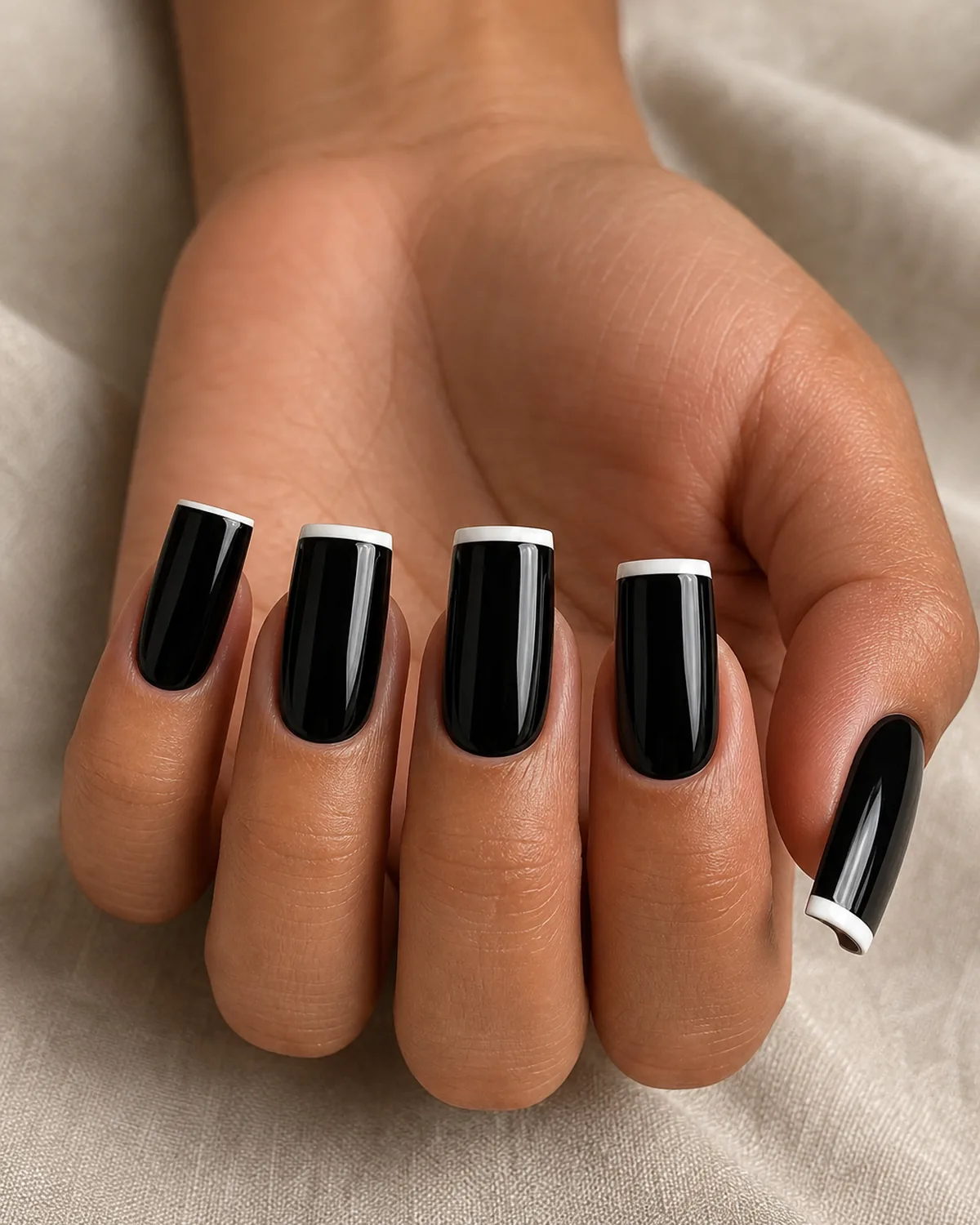 Close-up of long square nails in jet-black glossy polish with a crisp warm-white horizontal French tip band across the flat square free edge, both side walls perfectly straight and parallel, tip corners sharp at 90 degrees, on tan skin with fingertips pointing toward the camera in soft foreshortening on pale oat linen