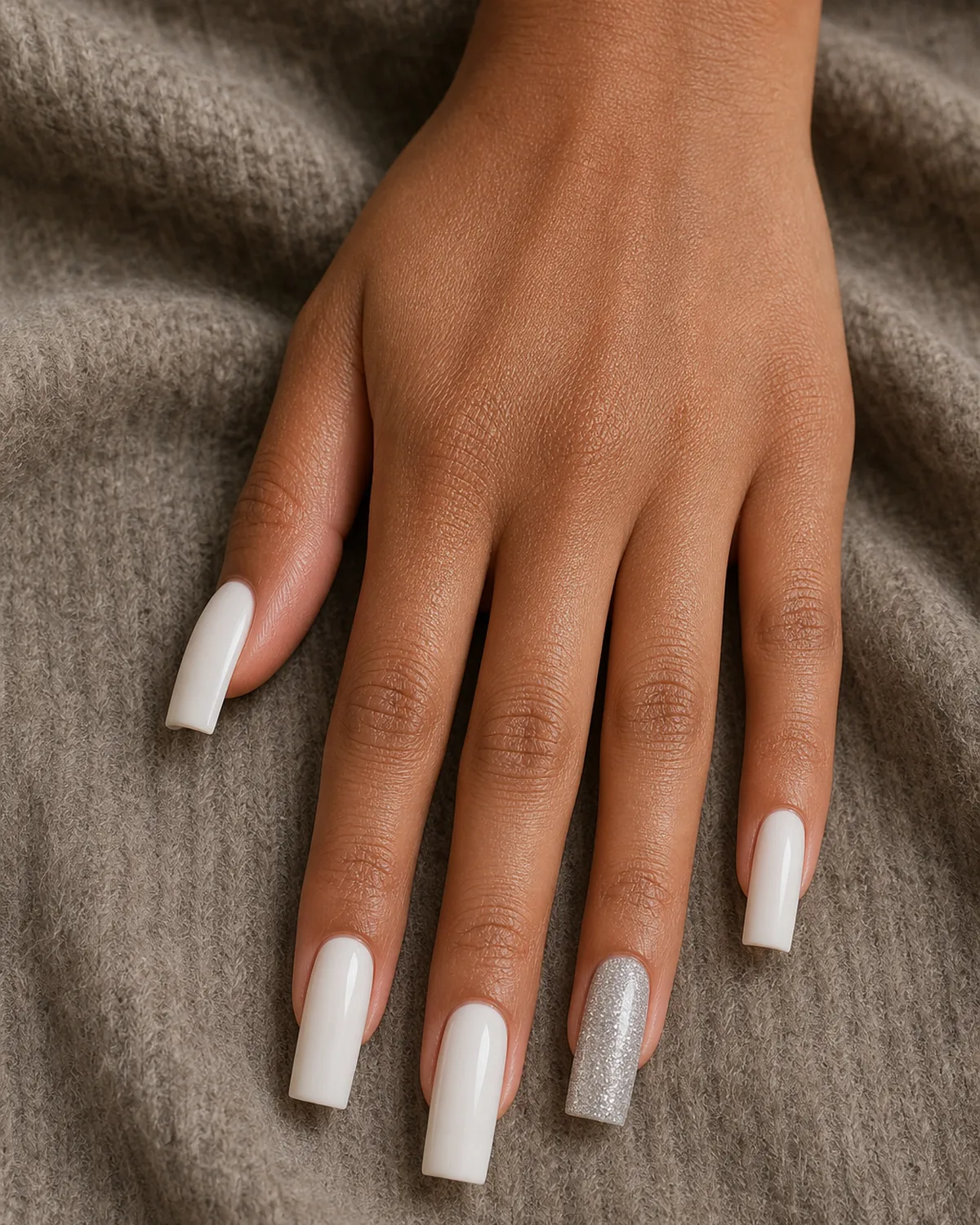 Close-up of long square nails with four nails in soft milky cream and one off-center accent nail in a dense fine micro-glitter polish, both side walls perfectly straight and parallel, free edge flat horizontal and tip corners sharp at 90 degrees, on medium skin with hand flat thumb tucked and fingers splayed on soft taupe wool