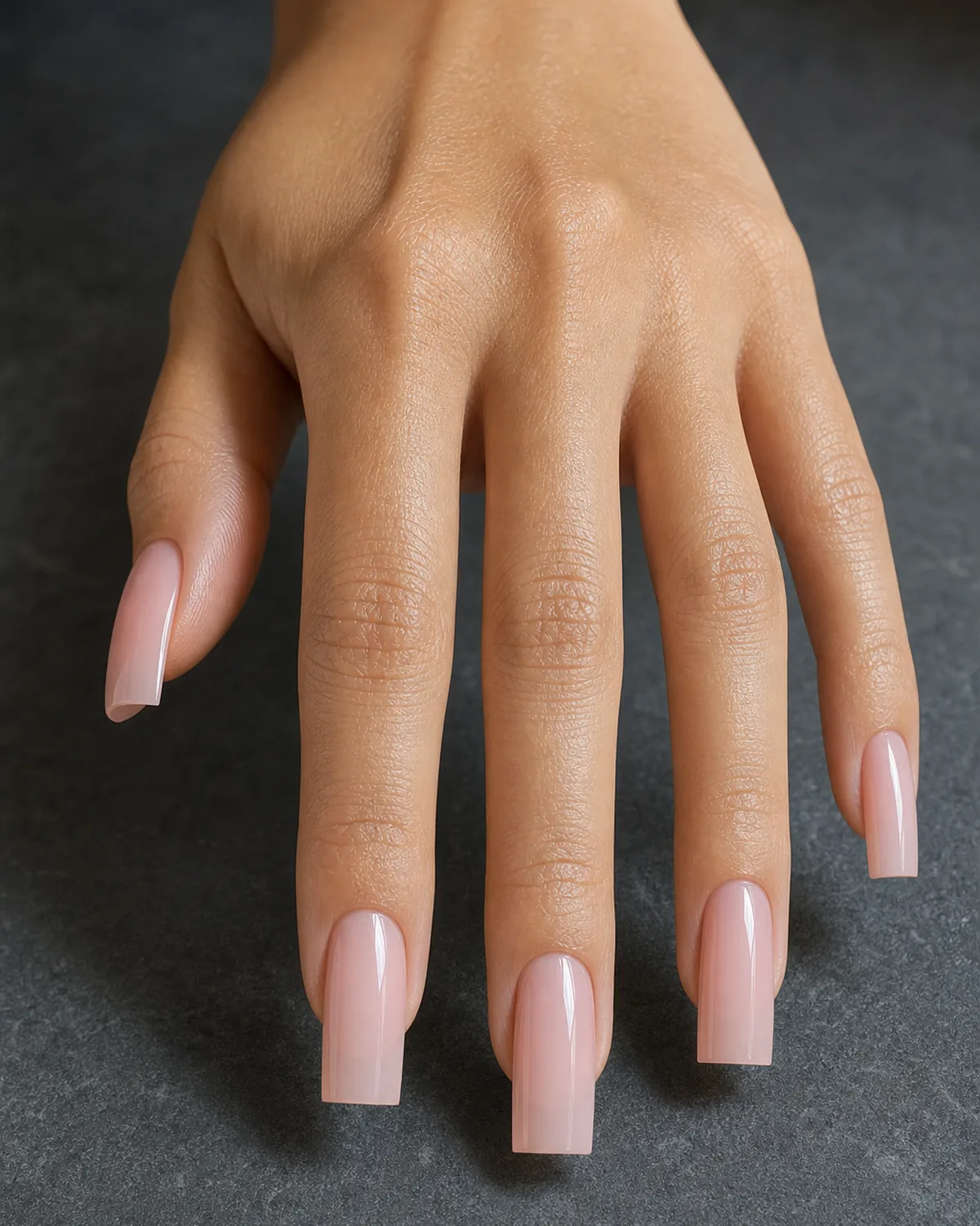 Close-up of long square nails in a sheer pink wash polish covering the entire nail in a translucent veil with both side walls perfectly straight and parallel, free edge flat horizontal and tip corners sharp at 90 degrees, on light-medium skin with hand arched fingers down fanned piano-style on charcoal stone