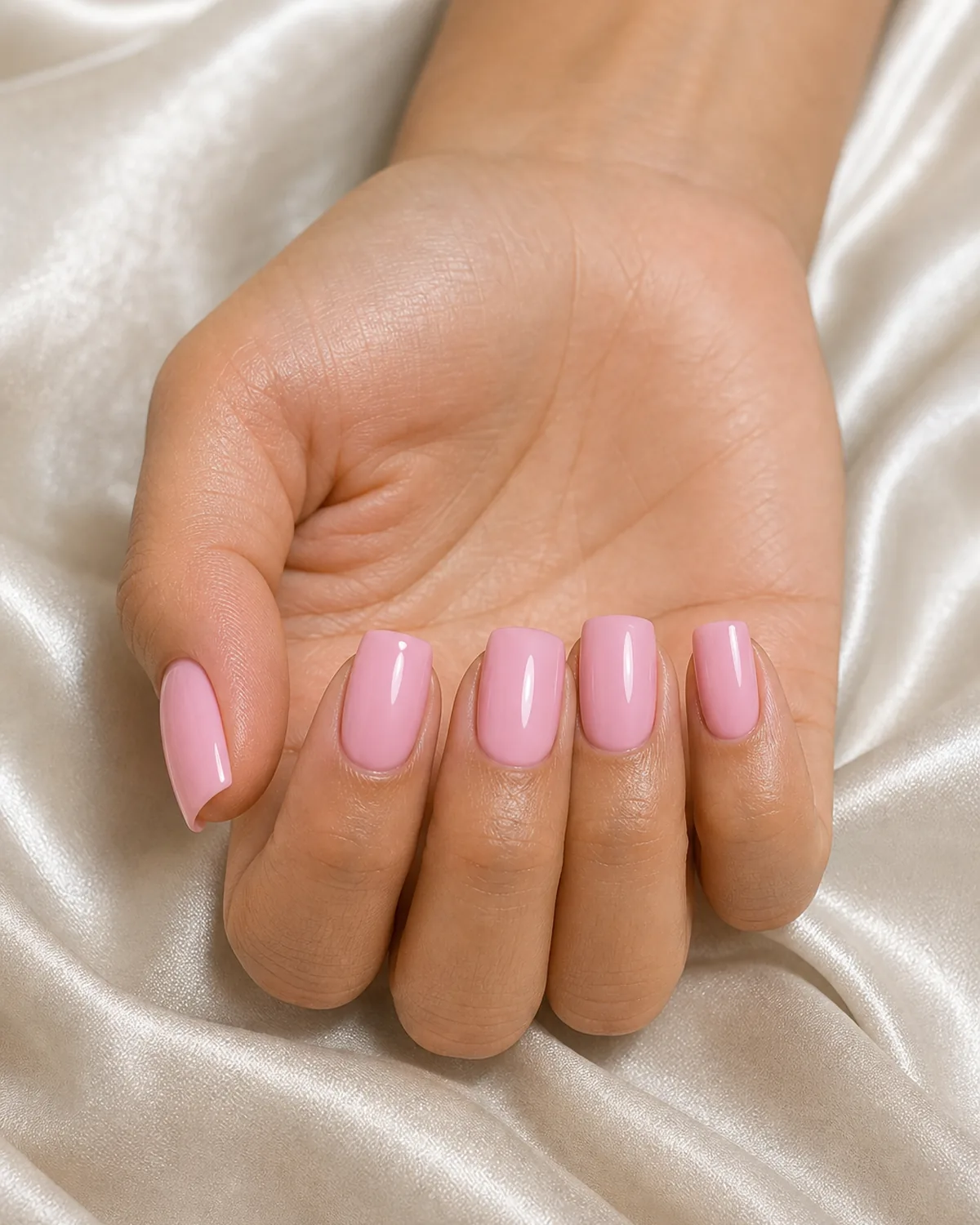 Close-up of medium square nails in glossy soft pink polish covering the entire nail with both side walls perfectly straight and parallel, free edge flat horizontal and tip corners sharp at 90 degrees, on medium skin with hand cupped soft palm-up on champagne silk