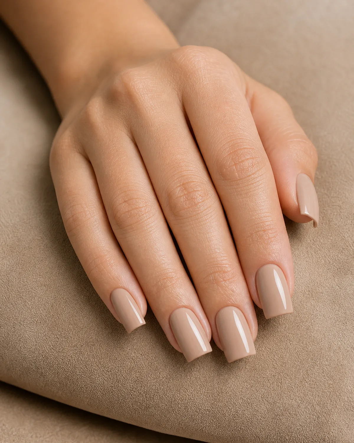 Close-up of medium square nails in opaque nude beige polish covering the entire nail with both side walls perfectly straight and parallel, free edge flat horizontal and tip corners sharp at 90 degrees, on light-medium skin with hand resting on a soft fist with fingers loose on warm beige suede