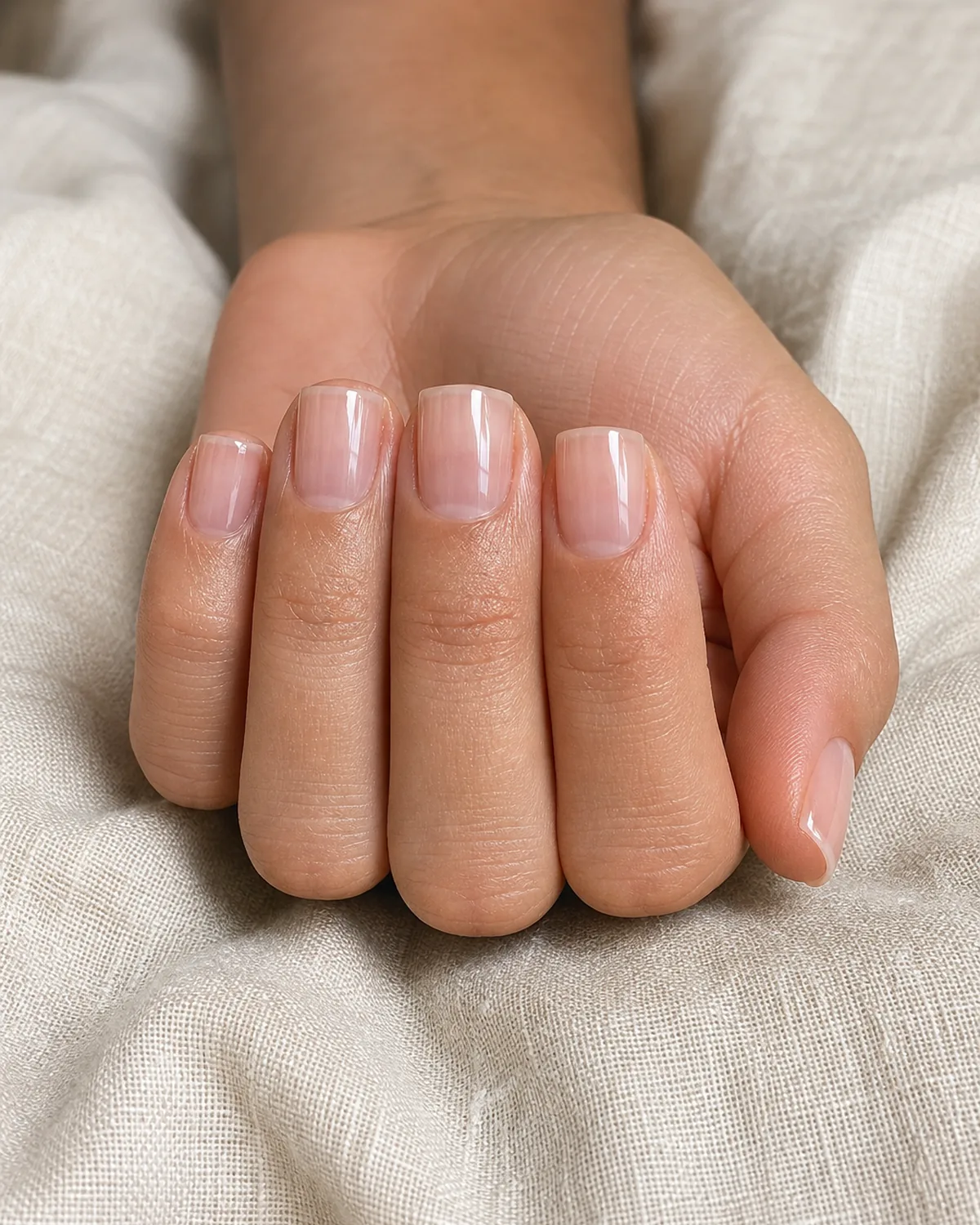 Close-up of short square nails in clear natural polish covering the entire nail with both side walls perfectly straight and parallel, free edge flat horizontal and tip corners sharp at 90 degrees, on light-medium skin with fingertips curled gently downward on pale oat linen
