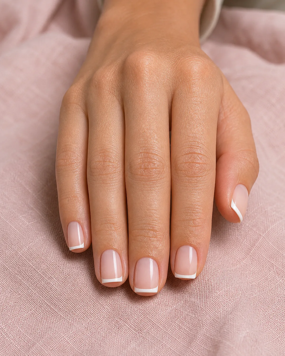 Close-up of short square nails wearing a classic French manicure with a hair-thin warm-white horizontal tip band along the flat square free edge, both side walls perfectly straight and parallel, tip corners sharp at 90 degrees, on light-medium skin with hand on its edge knife-edge down on soft-pink linen